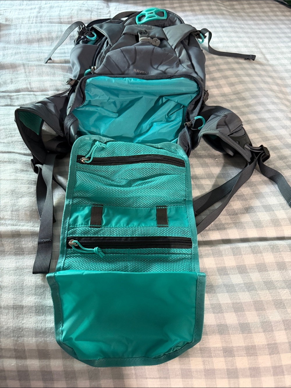 OSPREY Teal and Gray Hiking /Biking women Backpack with tool organizer